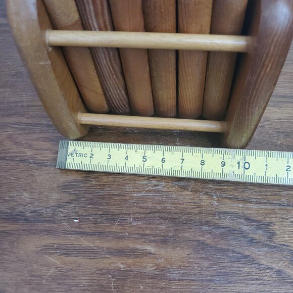 Vintage Wooden Coaster Set with Holder – 6 Cork-Insert Coasters, Mid-Century Rus - Picture 9 of 10